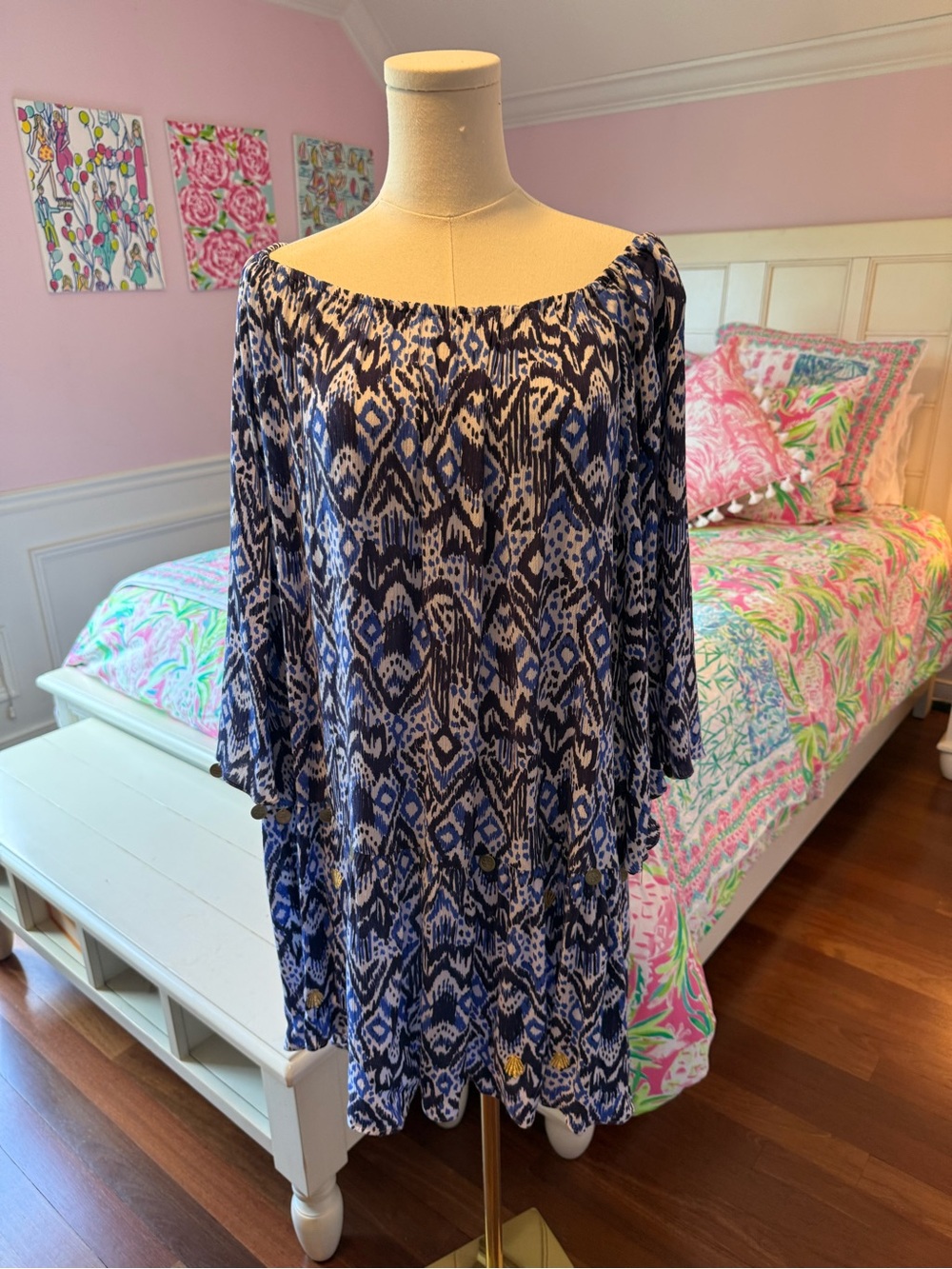 Lilly Pulitzer Navy and White Off-Shoulder Patterned Dress